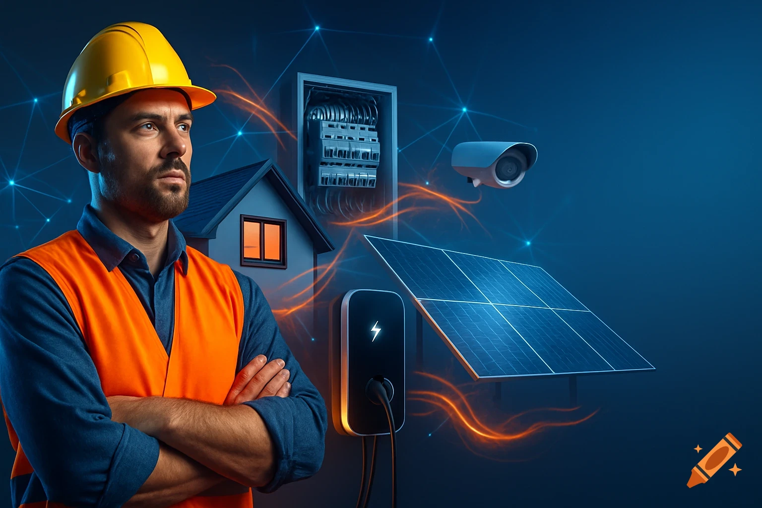 A confident construction worker in a yellow helmet and orange vest stands beside a house, electrical panel, security camera, EV charger, and solar panels, linked by digital network lines and energy effects.
