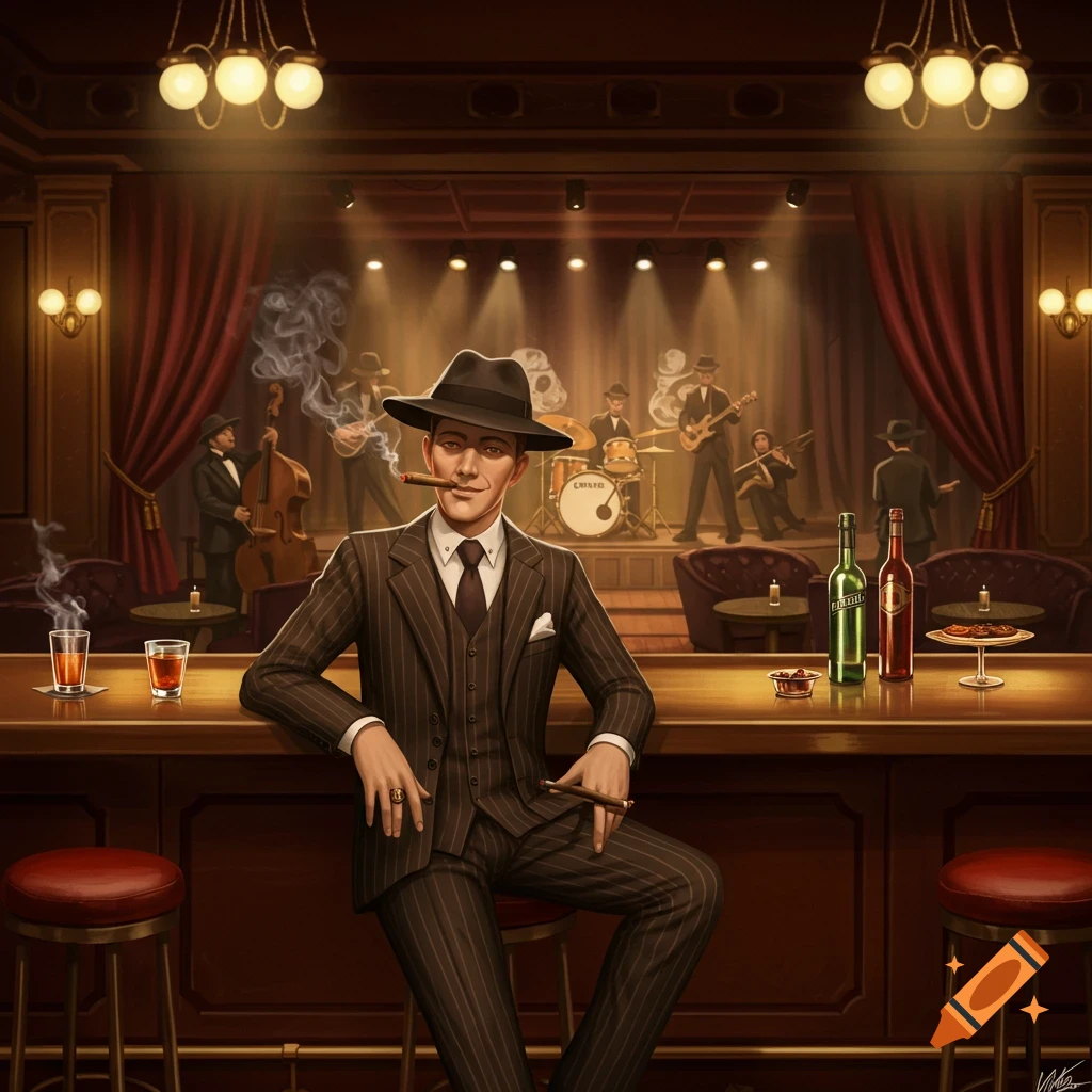 A man in a pinstripe suit and fedora sits at a bar, smoking a cigar, in a retro jazz club with a band playing on stage in the background.