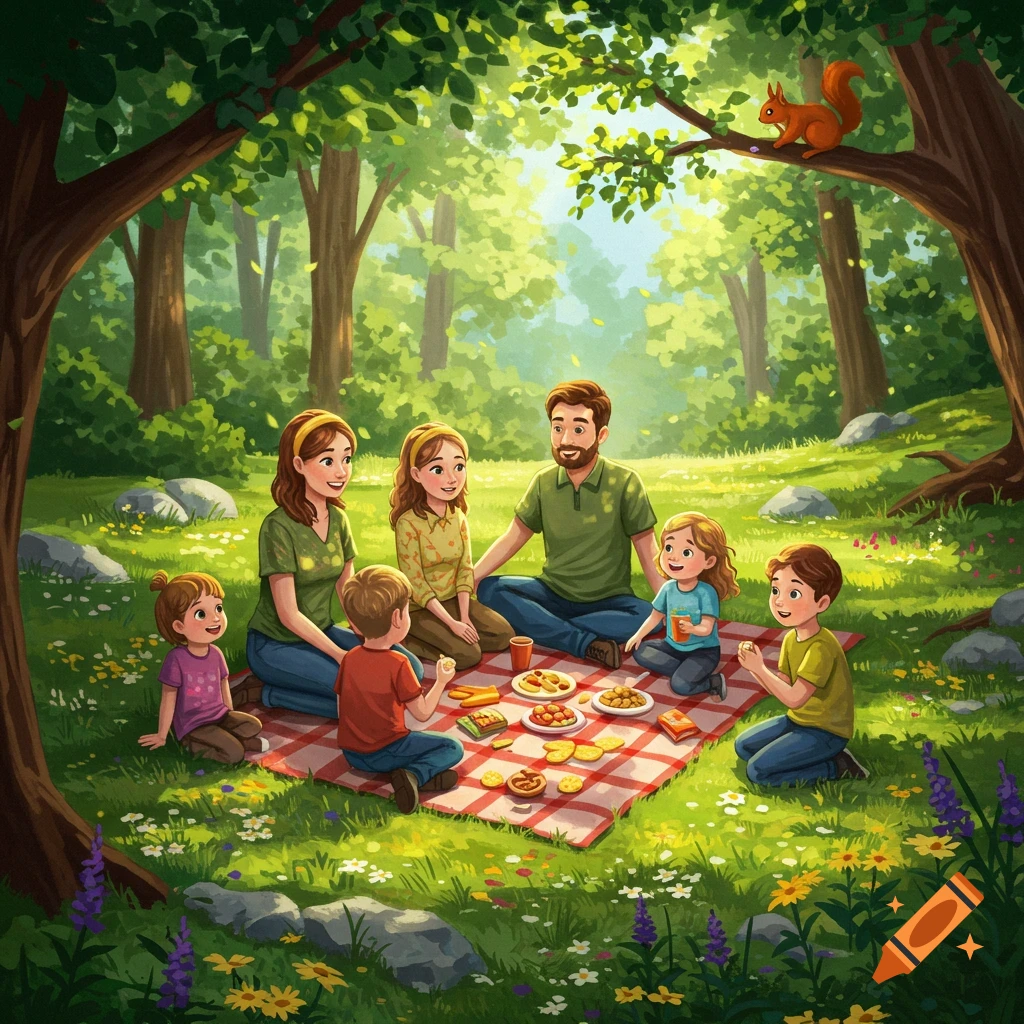 A cartoon family of five enjoys a picnic on a red and white checkered blanket in a sunny forest, with a squirrel on a tree branch.