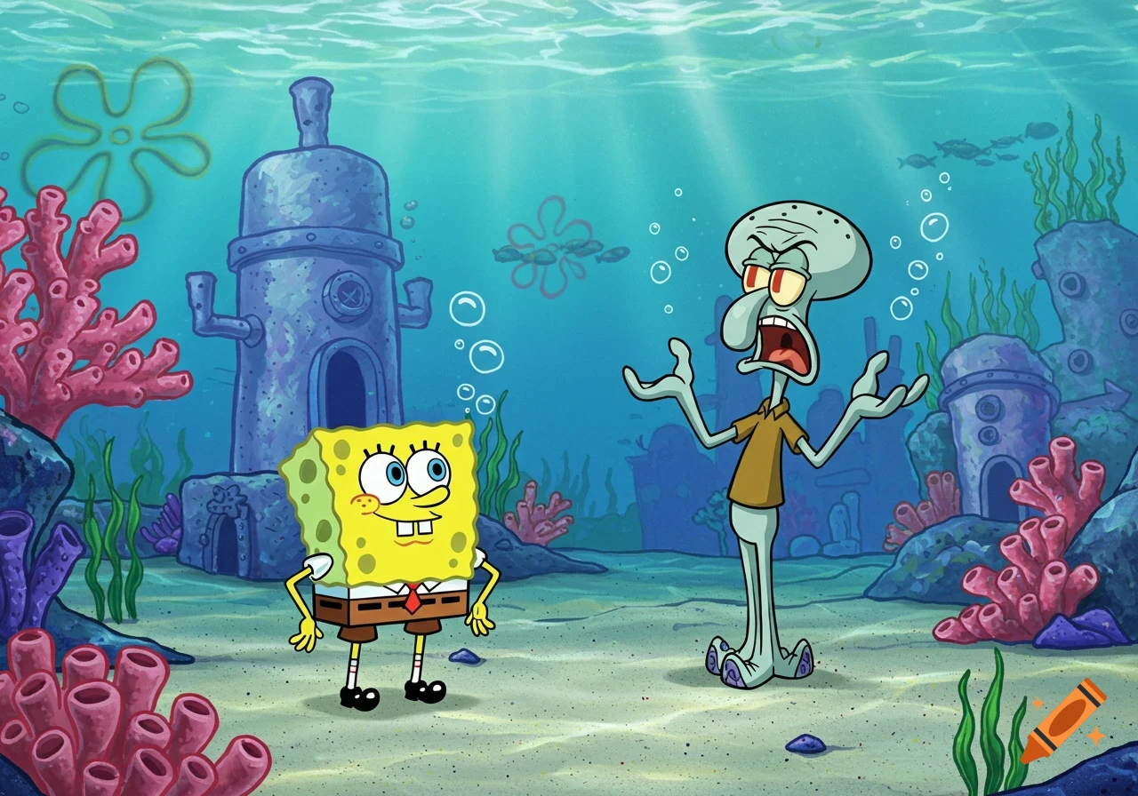 Spongebob Squarepants smiles while Squidward Tentacles yells with his arms raised, both underwater near coral and their homes.