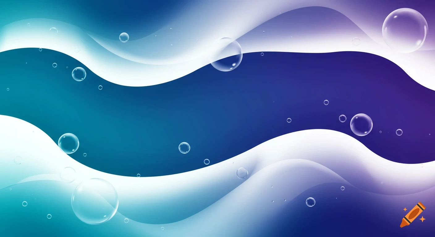 Abstract background featuring wavy blue, white, and purple gradients with numerous translucent bubbles.