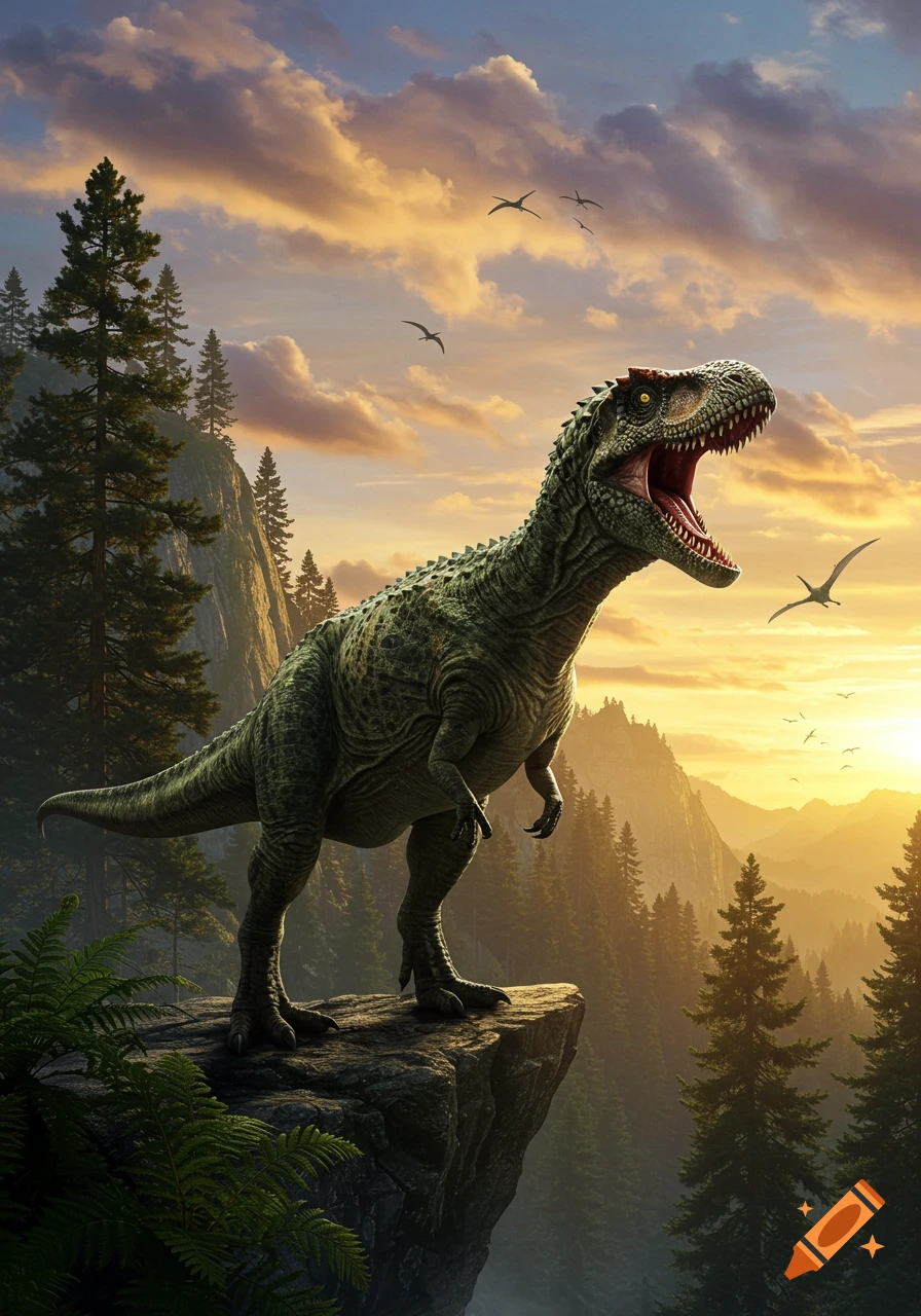 A large green dinosaur with an open mouth stands on a cliff overlooking a forest and mountains at sunset, with birds flying.