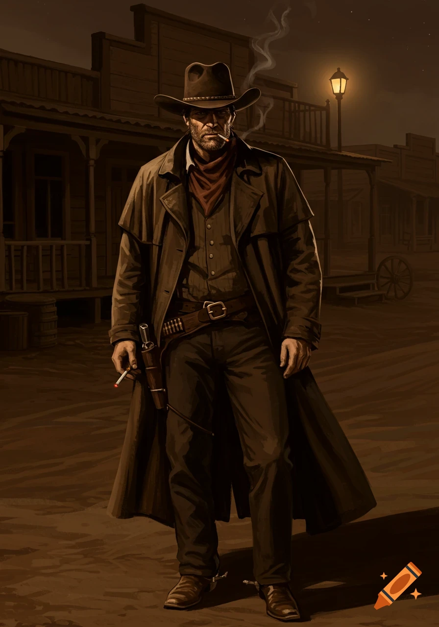 A cowboy in a duster coat and hat, smoking a cigarette, stands in a dark, dusty Old West town at night.