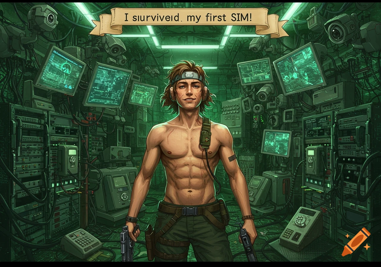 An illustrated shirtless man in a headband holds guns in a green-lit server room, surrounded by monitors and cameras. Text reads 'I siurviveid. my first SIM!'.