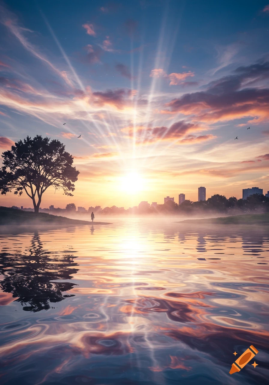 Dramatic sunrise over a lake with a person by a large tree, reflecting the colorful sky and distant city skyline.