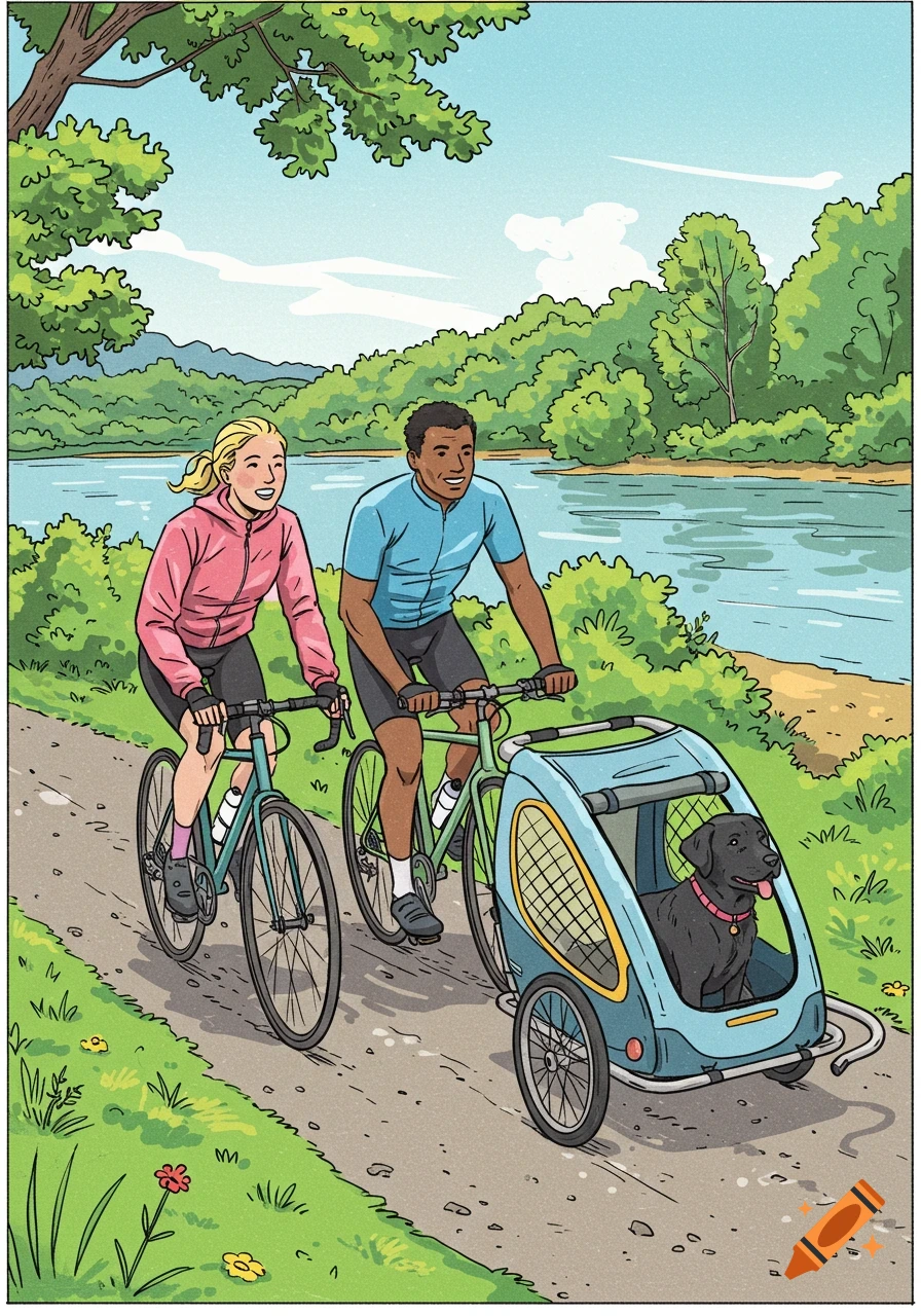 A man and a woman ride bicycles on a path by a river, with a black Labrador in a trailer attached to the man's bike, in a comic style.