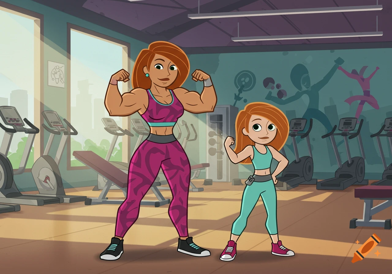 A muscular cartoon woman and a younger cartoon girl flex in a gym, 2D animated style.