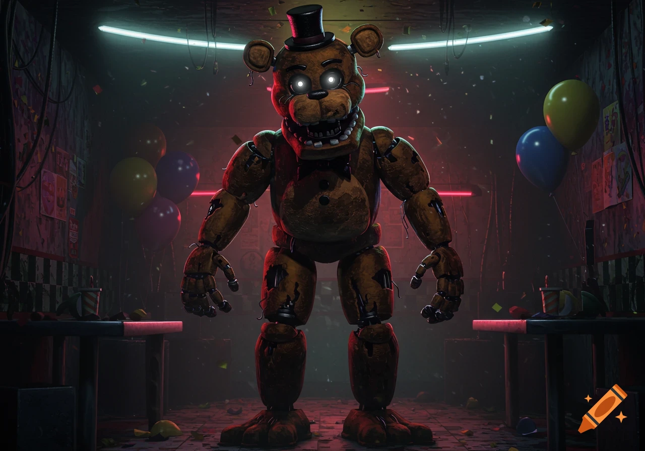 Menacing Freddy Fazbear animatronic with glowing eyes in a dark, messy party room with balloons.