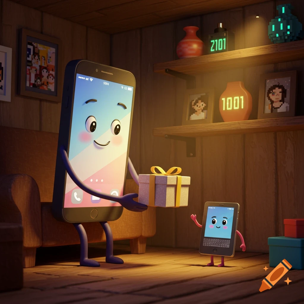 A large 3D animated smartphone character giving a gift to a smaller tablet character in a cozy wooden room.