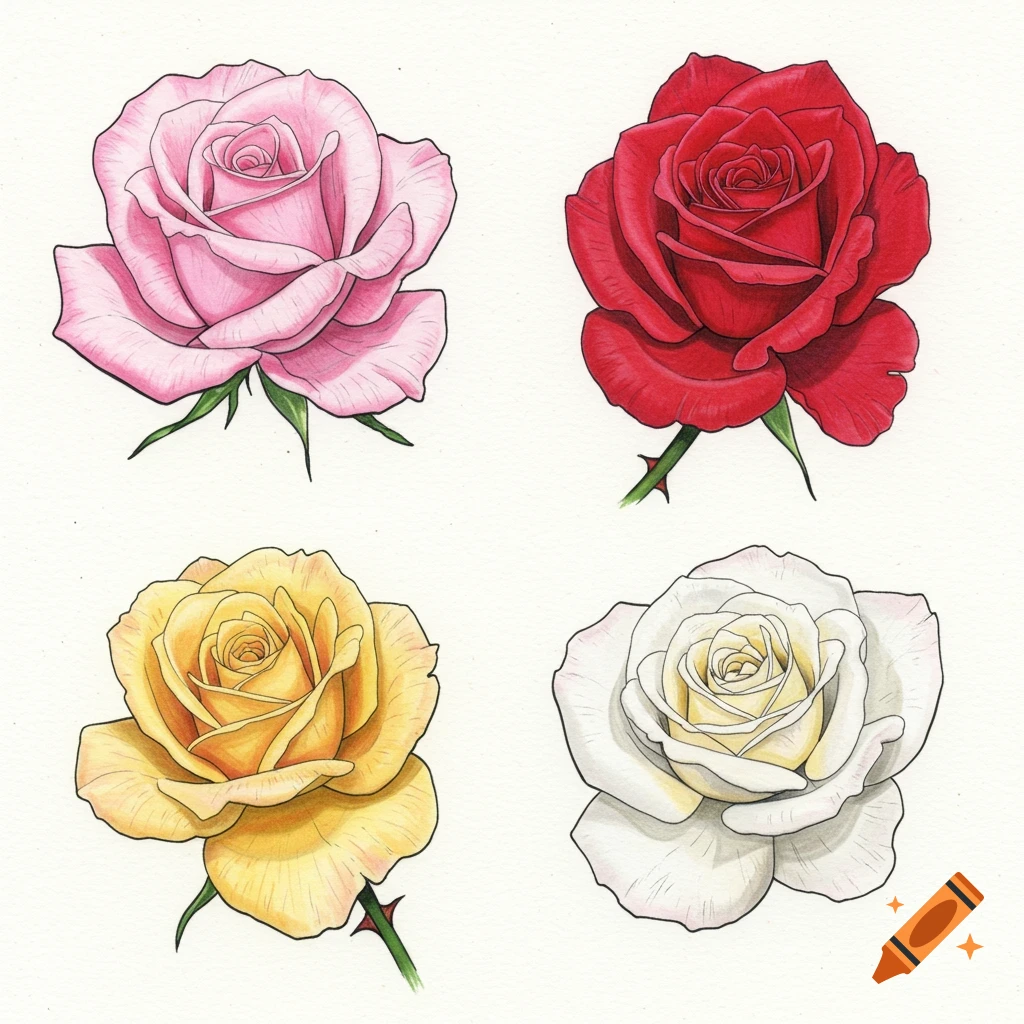 A hand-drawn illustration of four roses: pink, red, yellow, and white, each distinct on a white background.