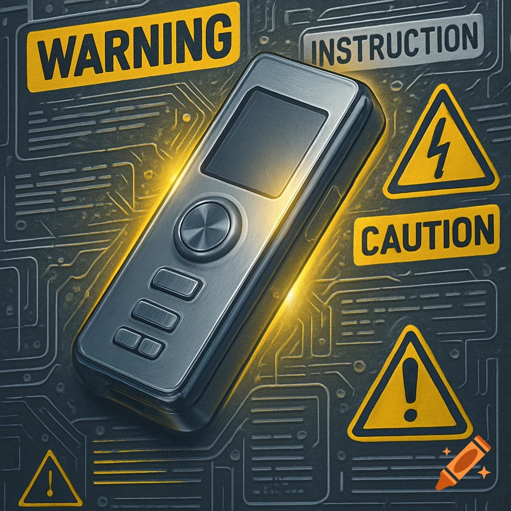 A silver rectangular device with a screen and buttons, surrounded by yellow warning signs and glowing circuit board patterns on a dark background.