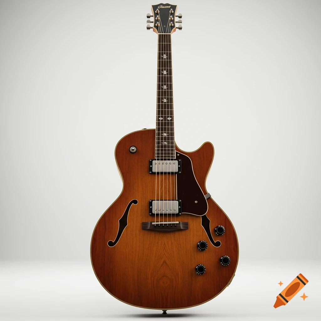 A photorealistic image of a brown electric-acoustic guitar with f-holes, pickups, and control knobs, standing against a white background.