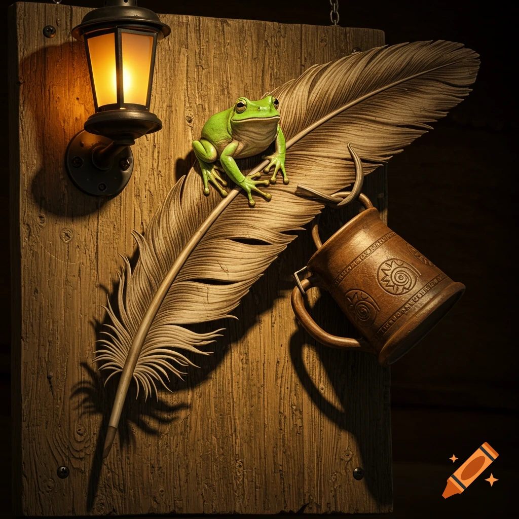A vibrant green frog perched on a large feather next to a lit lantern and a carved wooden mug on a rustic wooden sign.