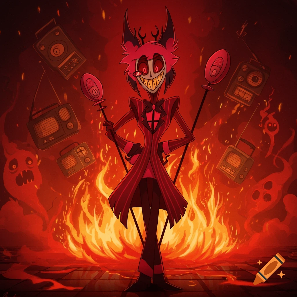 Alastor from Hazbin Hotel, a red demonic character with a wide grin, stands before a large fire with floating radios and ghosts.