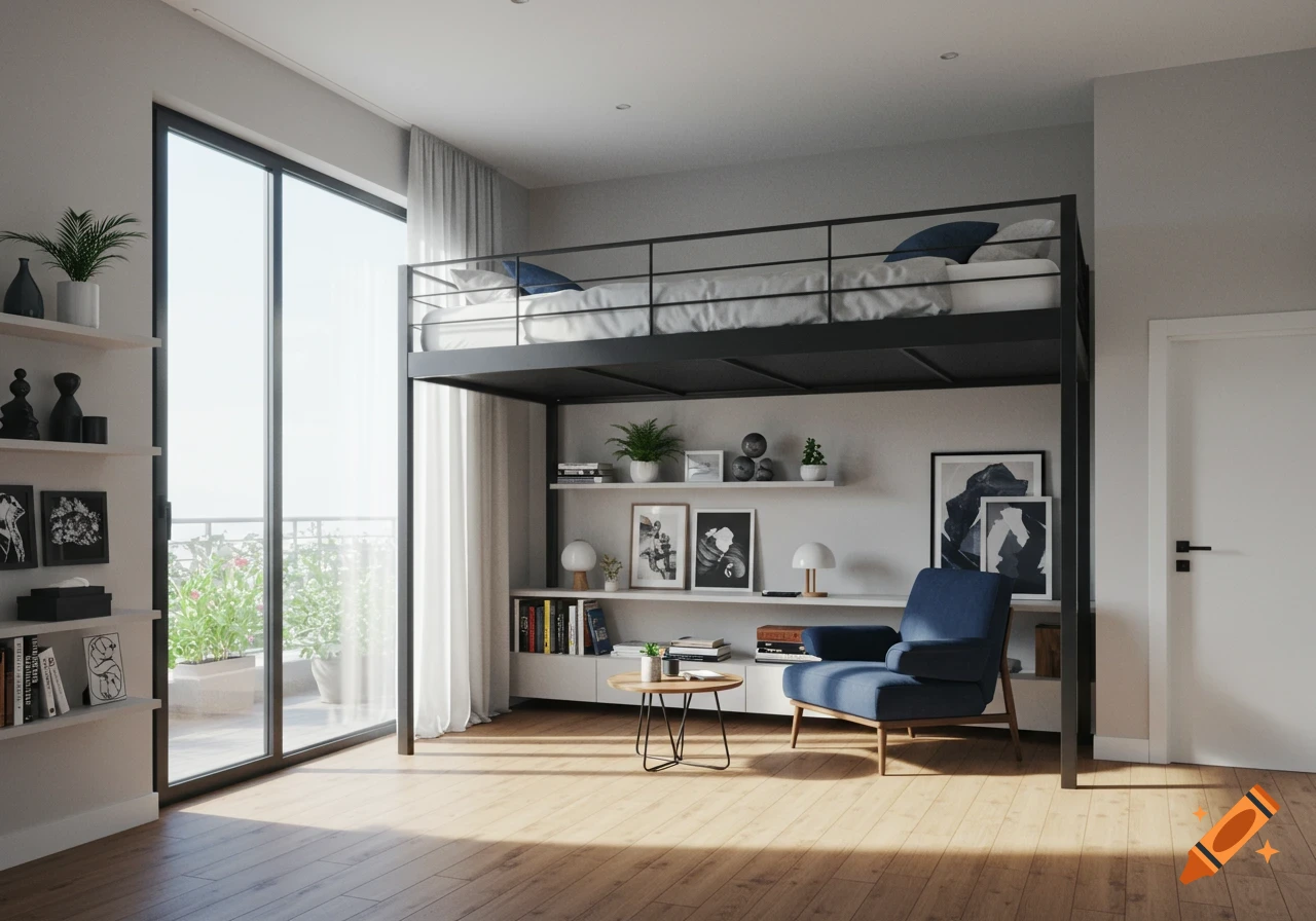 A modern room with a loft bed, a blue armchair, shelves, and a large window overlooking a balcony.