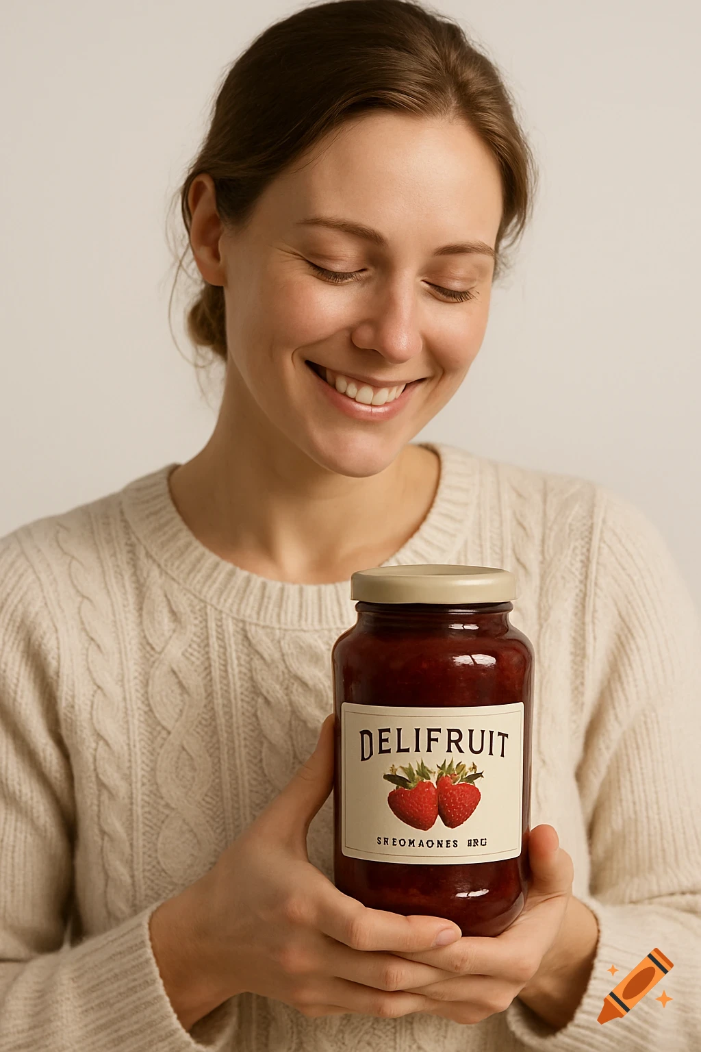 A smiling woman in a beige sweater looks down at a jar of red jam labeled "DELIFRUIT" with two strawberries.