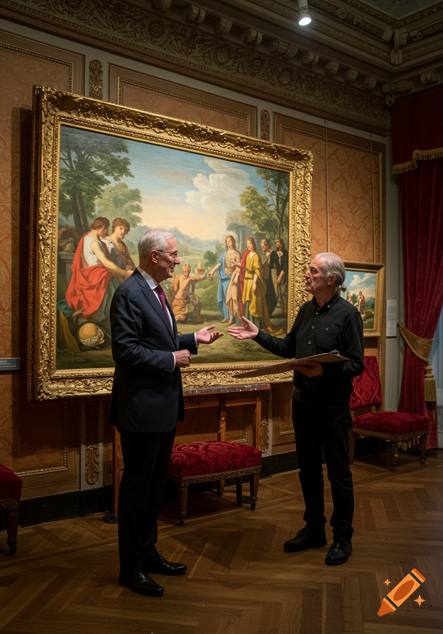Two men in a museum discuss a large classical painting, photorealistic style.