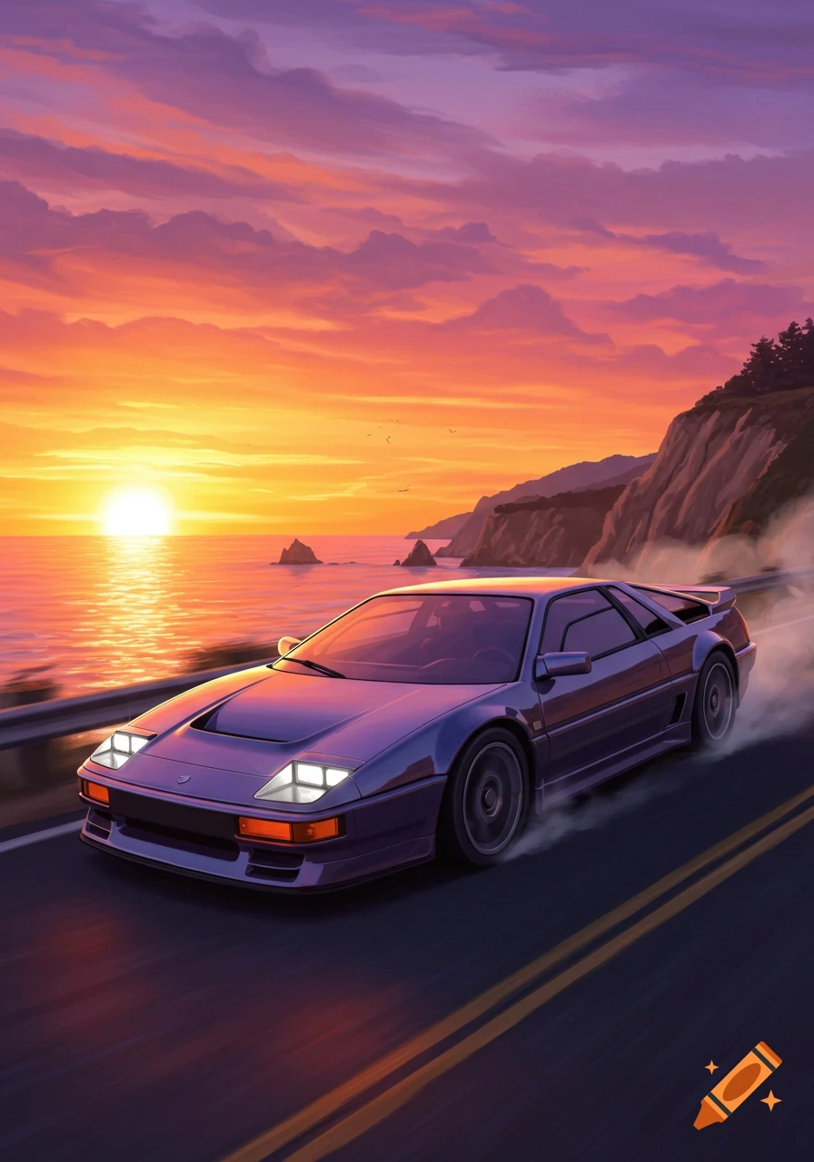 A stylized purple sports car drives on a coastal road during a vibrant sunset over the ocean, digital illustration.