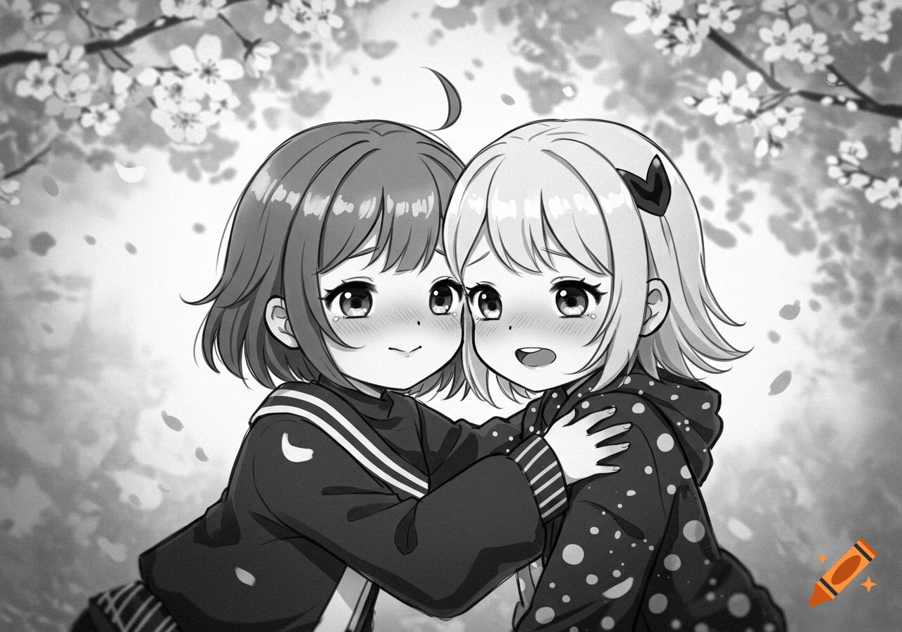 Two anime girls with short hair hugging under cherry blossoms in black and white.