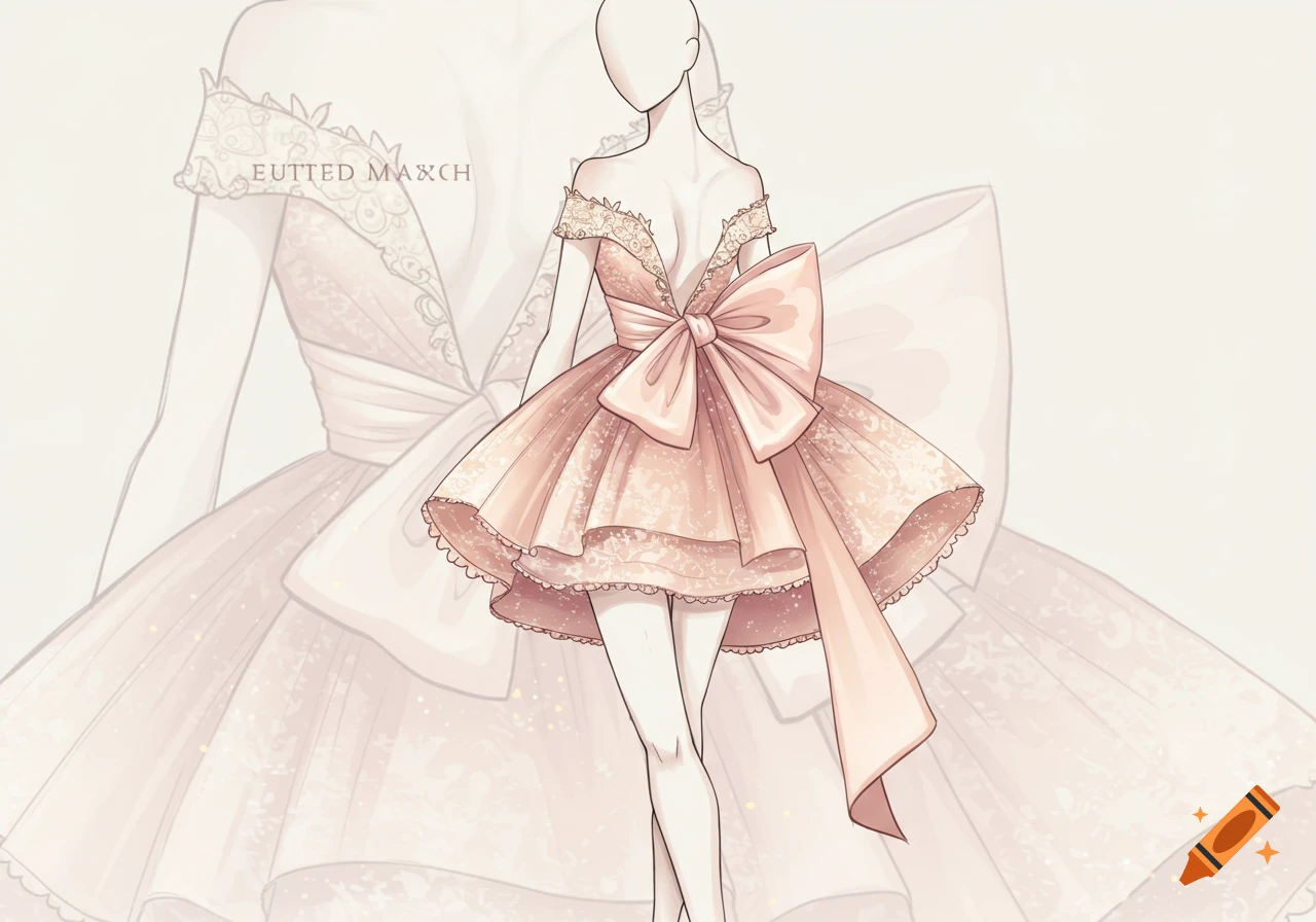 A drawing of a faceless figure wearing a peach off-the-shoulder short dress with a large back bow, rendered in a detailed sketch style.