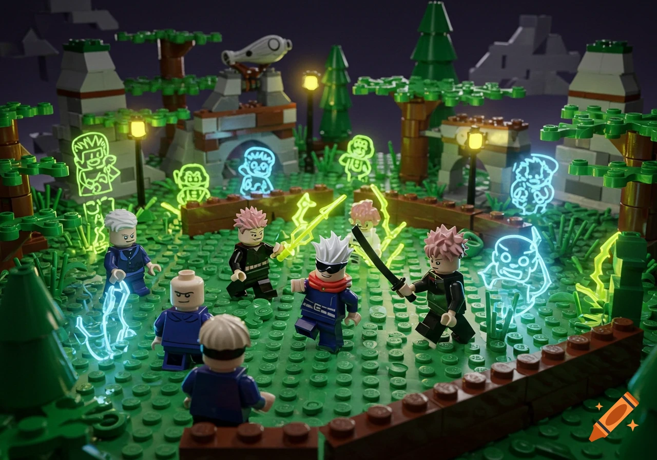 Lego minifigures of Jujutsu Kaisen characters battle in a dark forest setting with glowing green and blue magical effects.