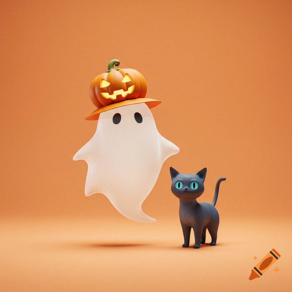 A cute white ghost wearing a glowing pumpkin hat stands beside a black cat with blue eyes on an orange background.