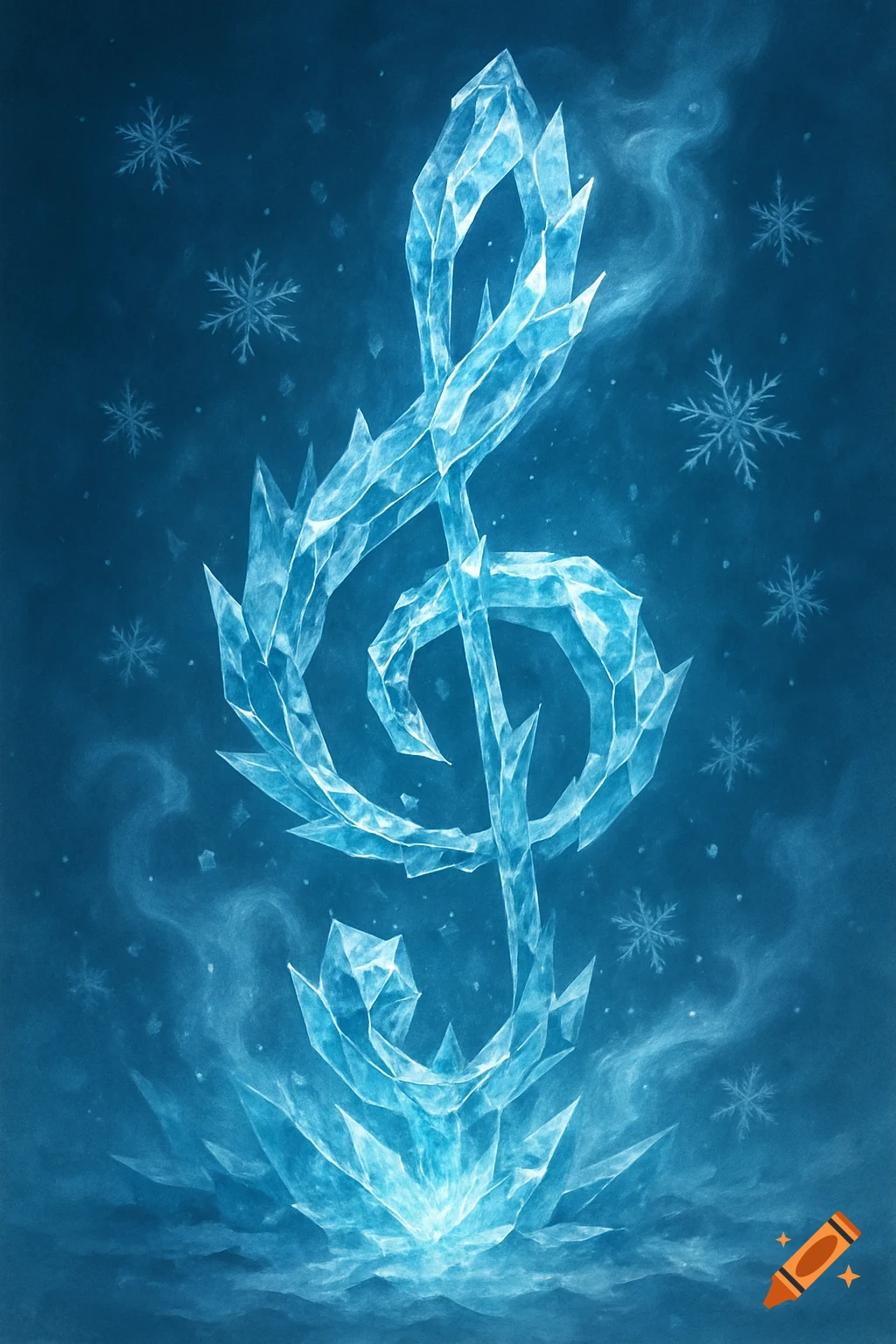 An artistic treble clef made of jagged blue ice and crystals, surrounded by snowflakes on a dark blue background.