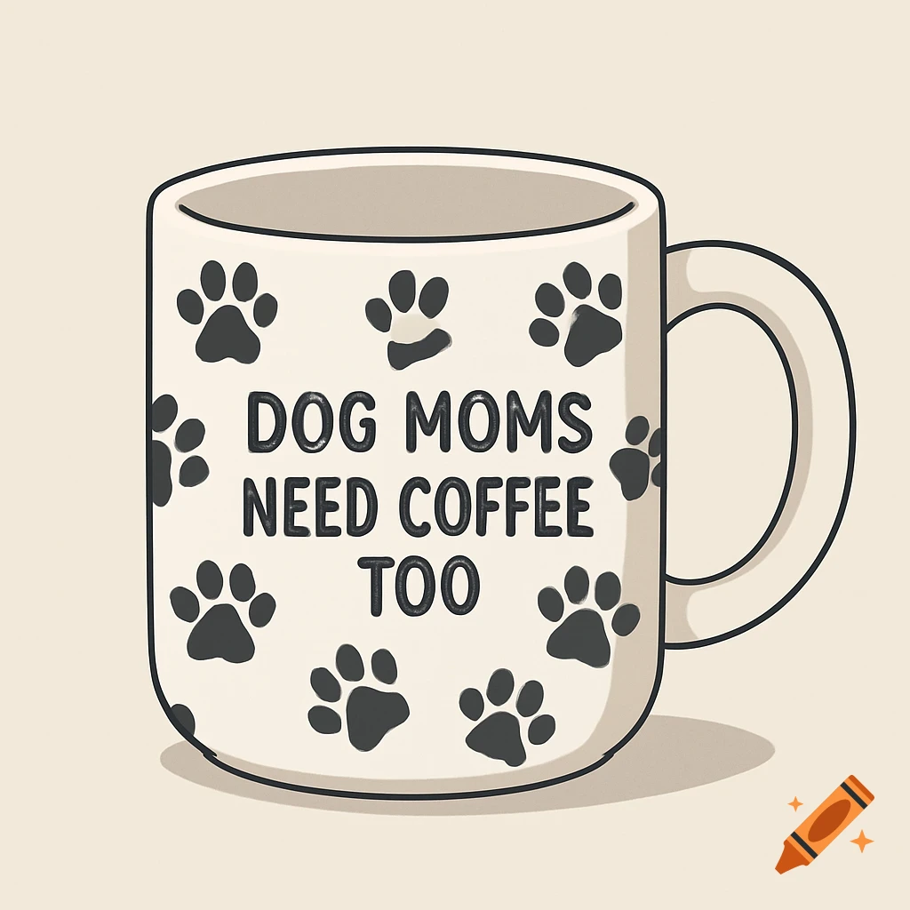 A white coffee mug decorated with black paw prints and the text 'DOG MOMS NEED COFFEE TOO' in a simple vector art style.