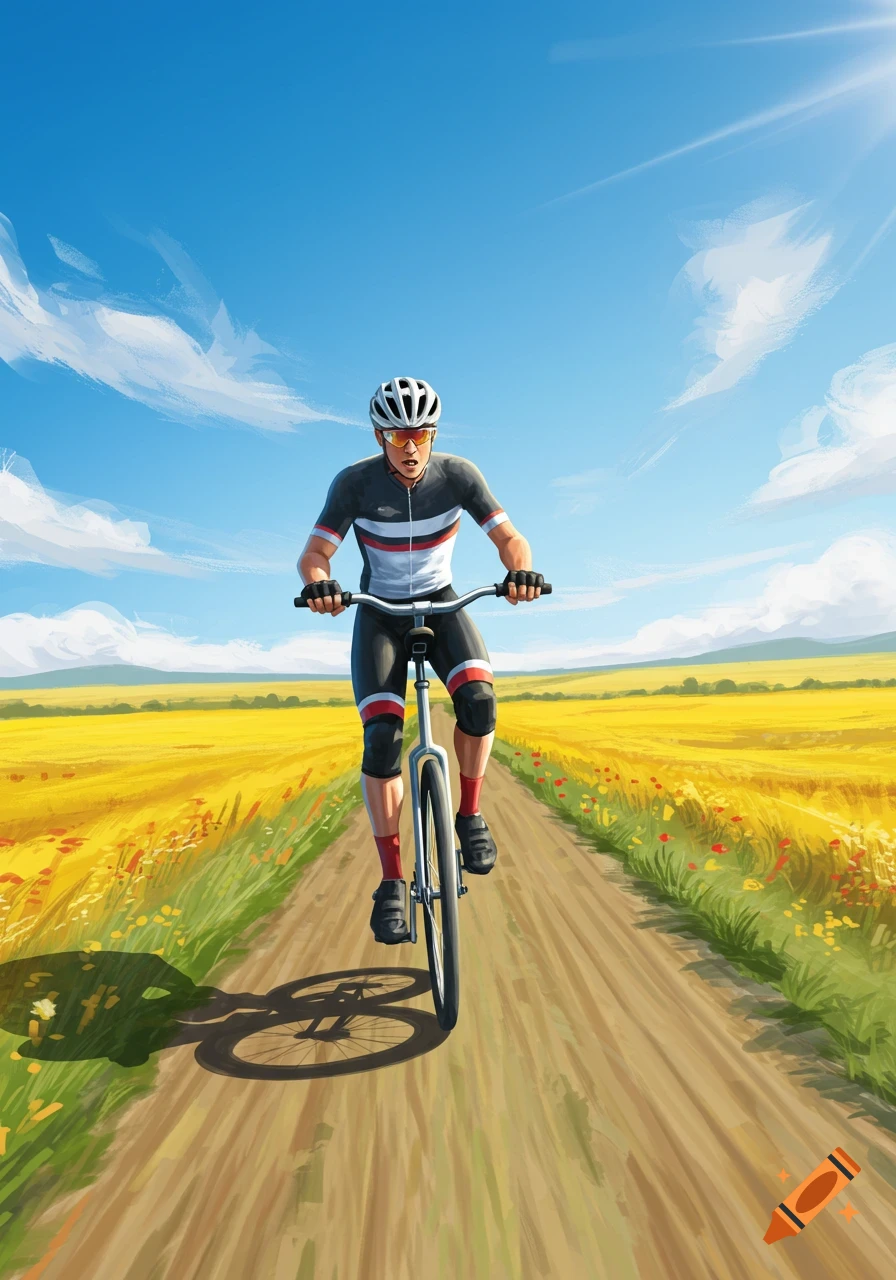 A stylized illustration of a man aggressively cycling a mountain bike on a dirt path through a vibrant yellow field under a clear blue sky.