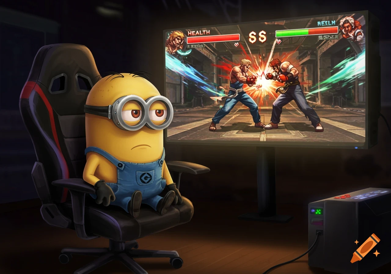 A sad Minion sits in a black and red gaming chair, watching a fighting video game on a large screen in a dark room.