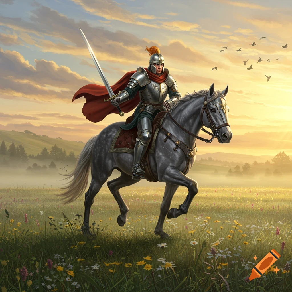 A knight in shining armor with a red cape rides a grey horse through a field of wildflowers at sunrise, holding a sword aloft.