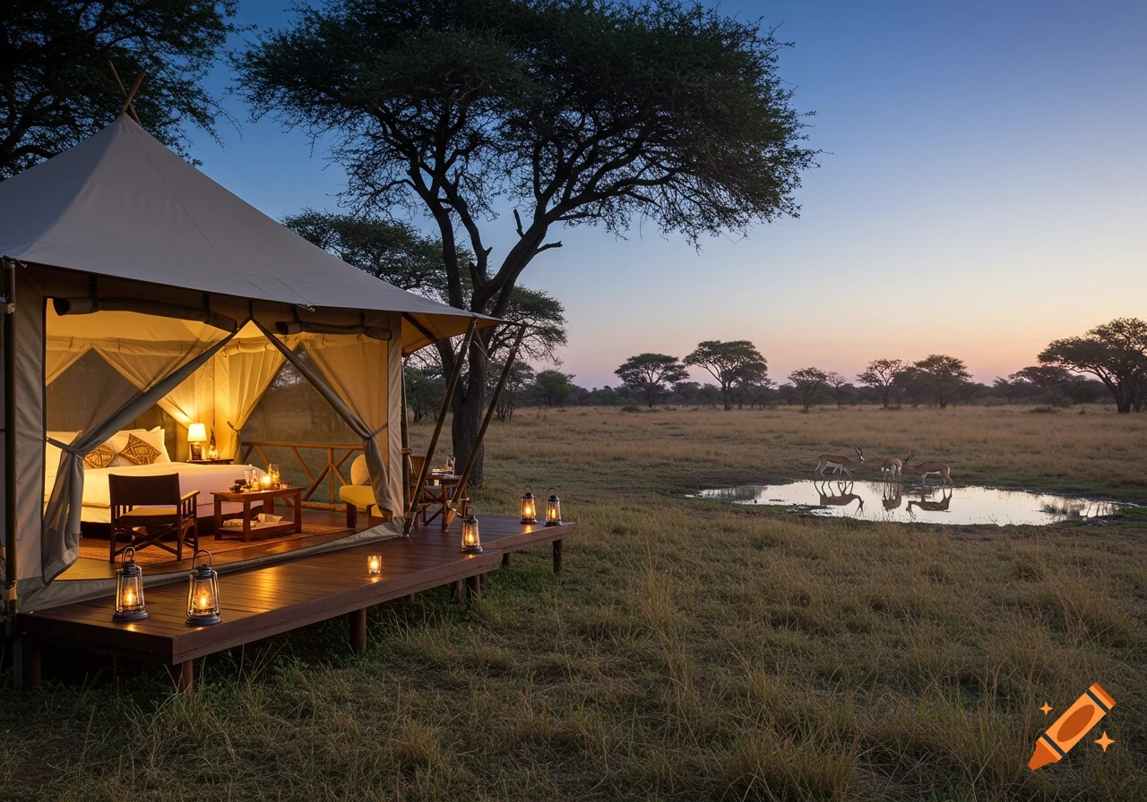 Photorealistic image of a romantic tented safari lodge at dusk with lanterns on a deck, and gazelles by a watering hole.