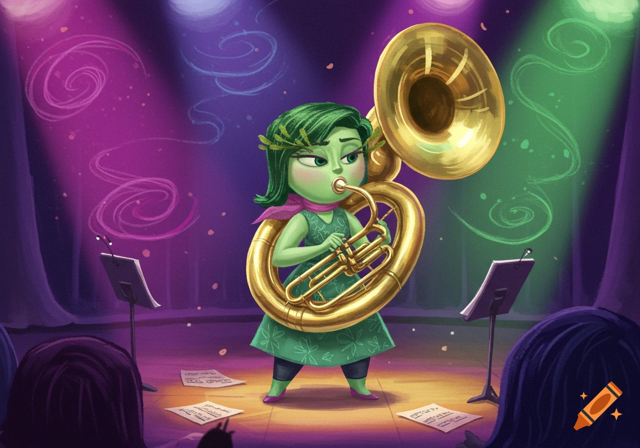 Disgust from Inside Out playing a large golden tuba on a stage with colorful spotlights, surrounded by scattered sheet music, in a vibrant cartoon style.