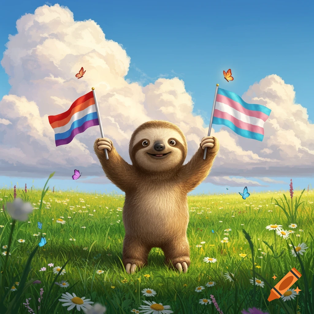 A cute, smiling cartoon sloth stands in a vibrant green meadow with daisies and butterflies, happily holding a lesbian flag and a transgender flag.