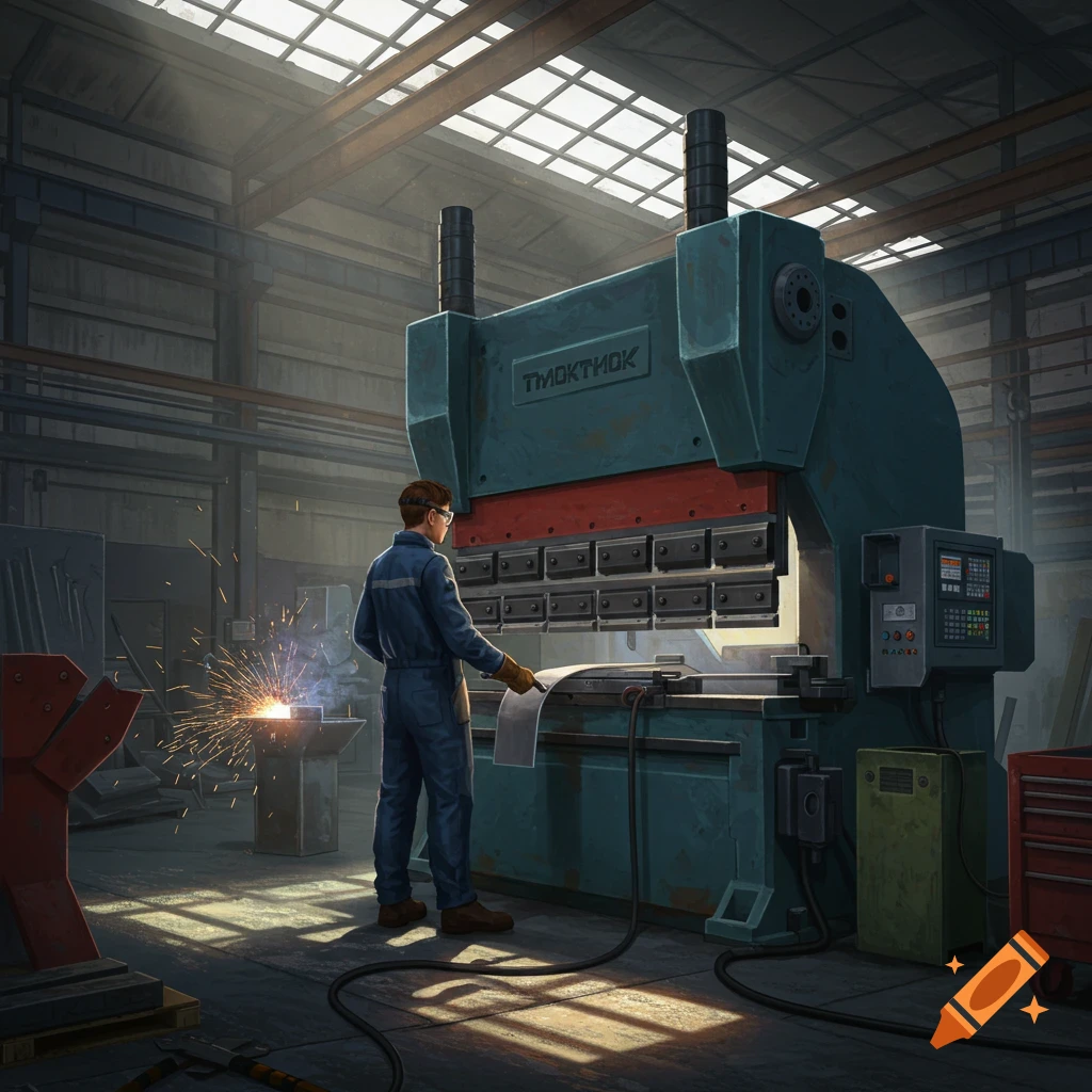 A man in a blue jumpsuit operates a large bending machine in a dimly lit factory, with sparks flying from welding in the background. Photorealistic style.