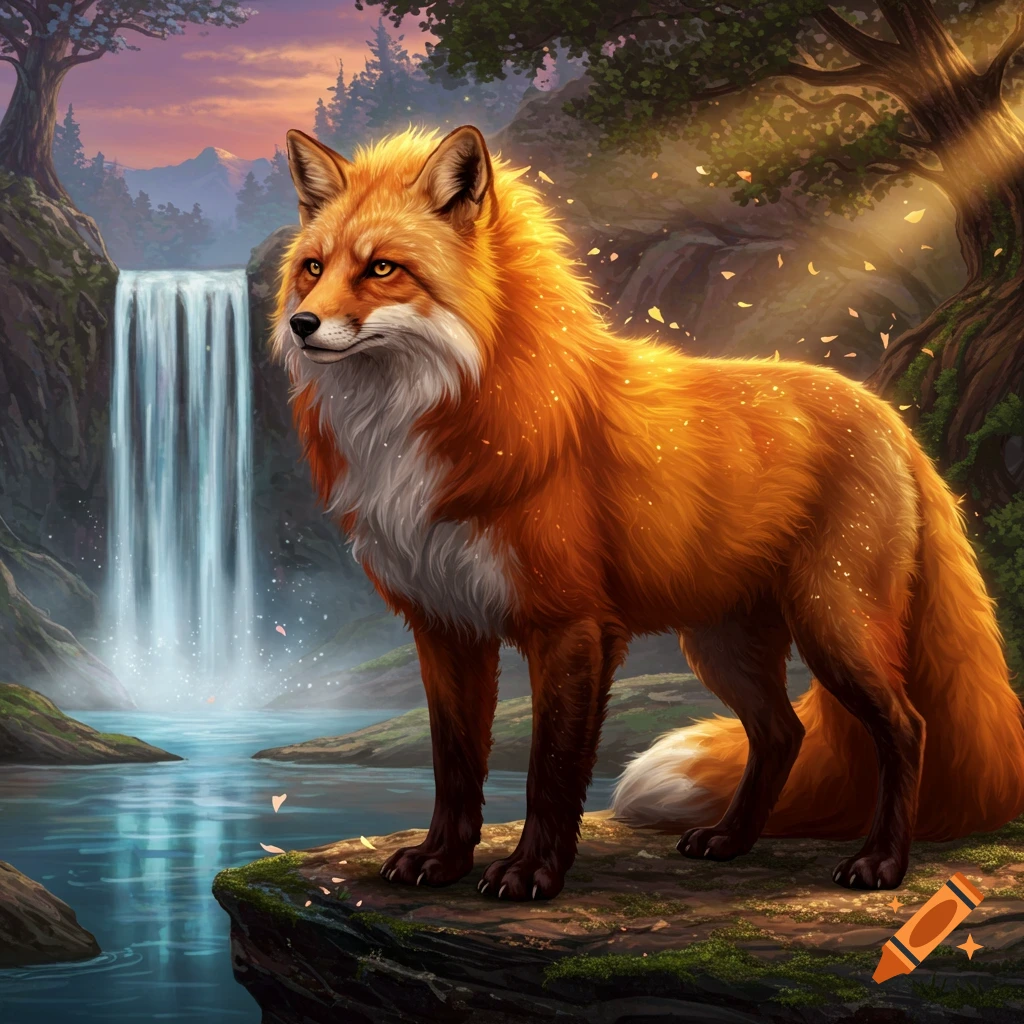A majestic orange-red fantasy fox stands on a mossy rock by a waterfall ...