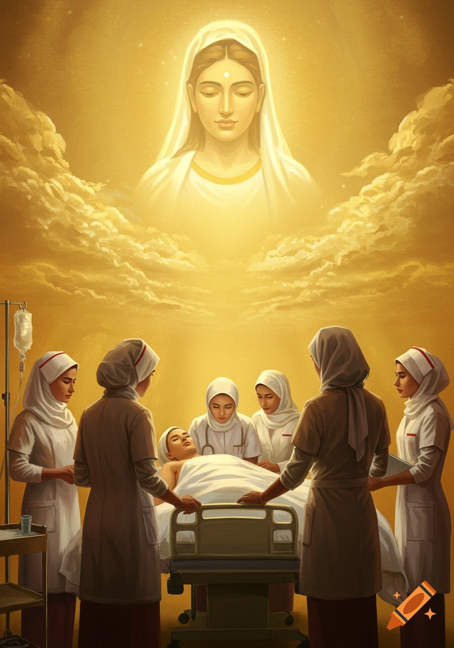 A divine figure in golden light looks down on veiled nurses attending ...