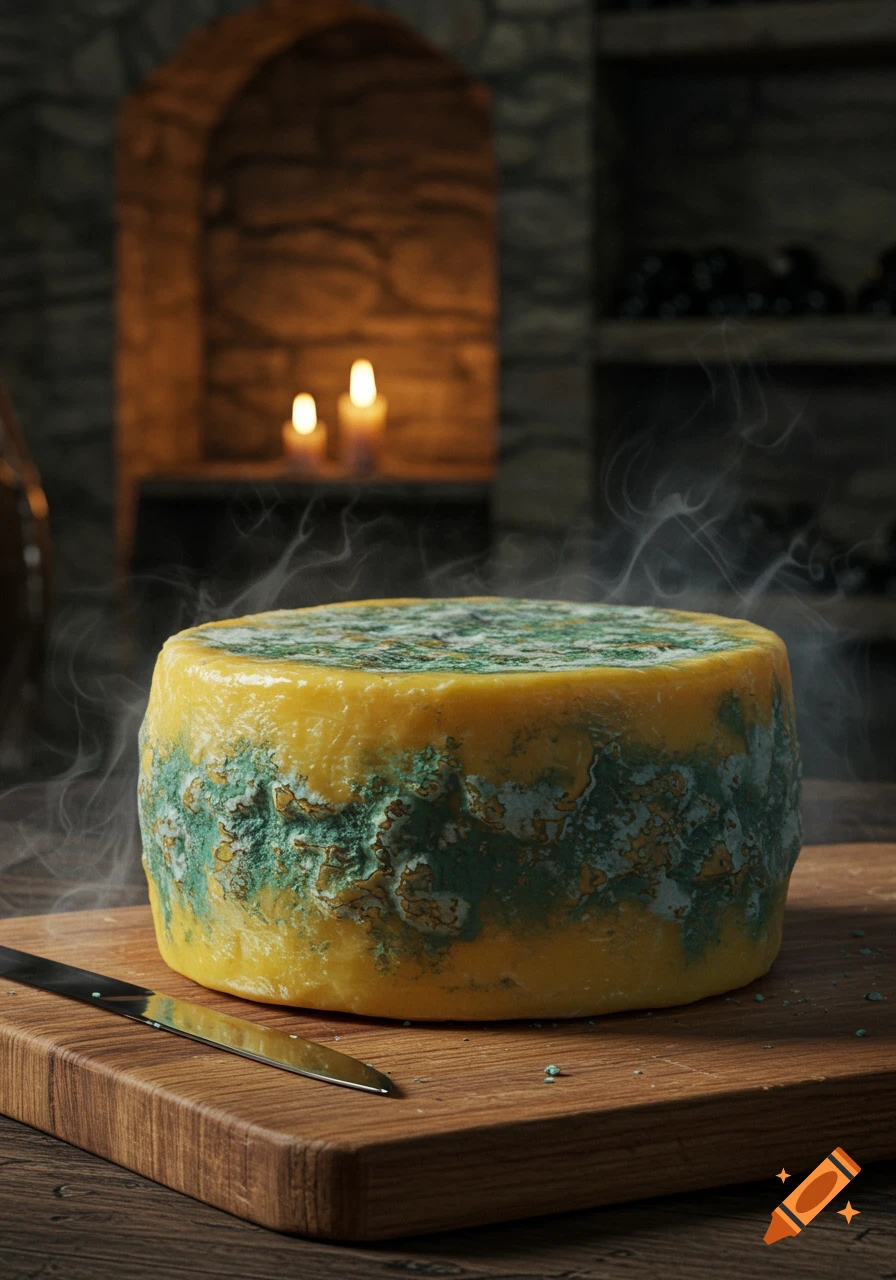 A round of moldy cheese on a wooden board with a knife, emitting steam in a dimly lit stone cellar with candles.