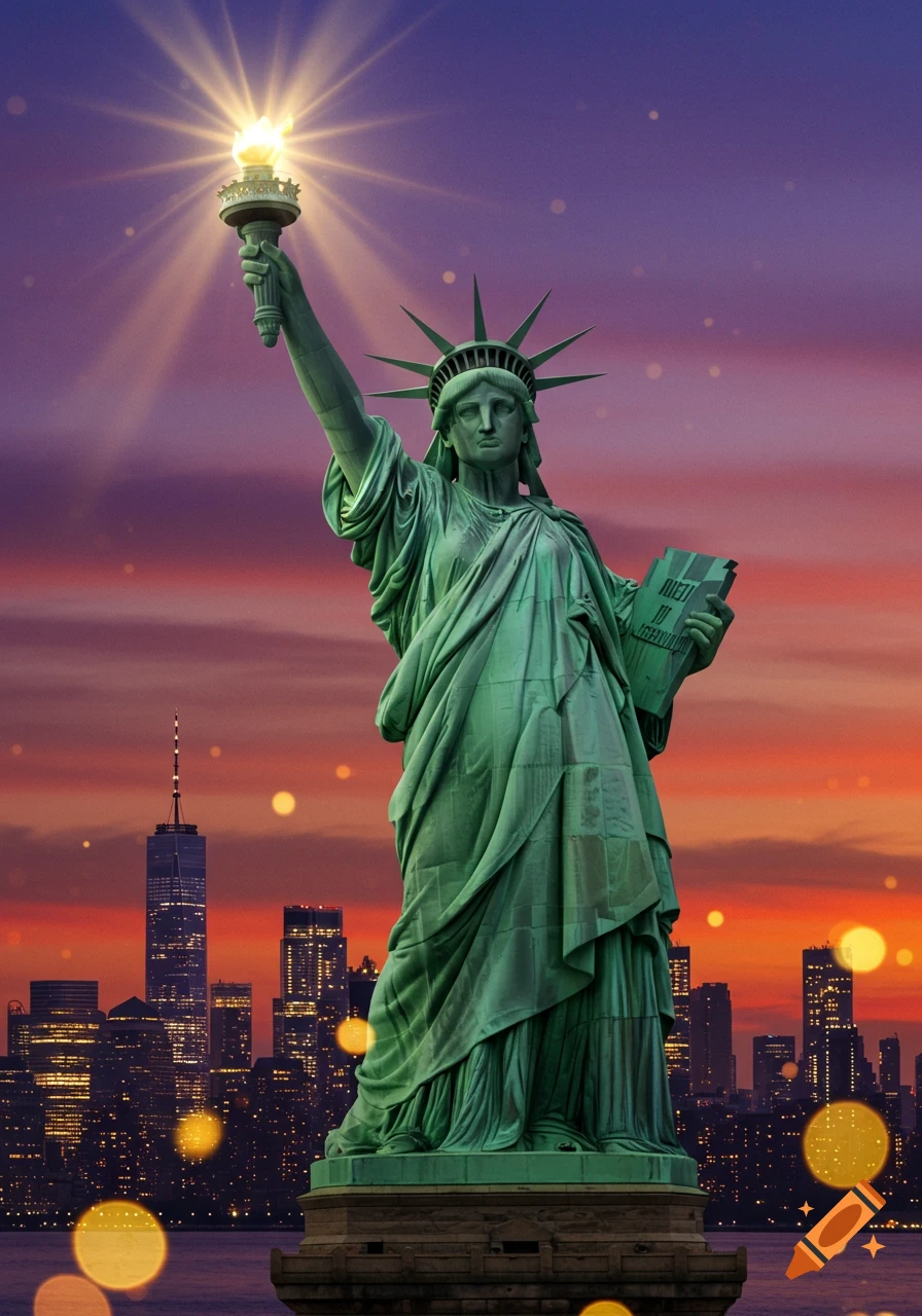 The Statue of Liberty stands tall against a vibrant sunset sky, holding a glowing torch, with a New York City skyline in the background.