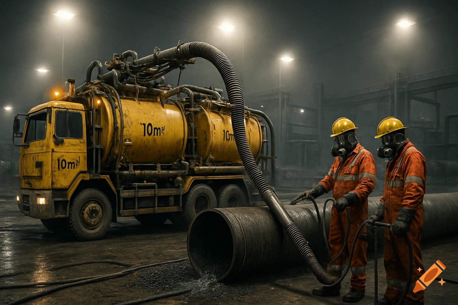 Two workers in orange suits and gas masks use a yellow tanker truck and large hose to clean a pipe in a dimly lit industrial facility.
