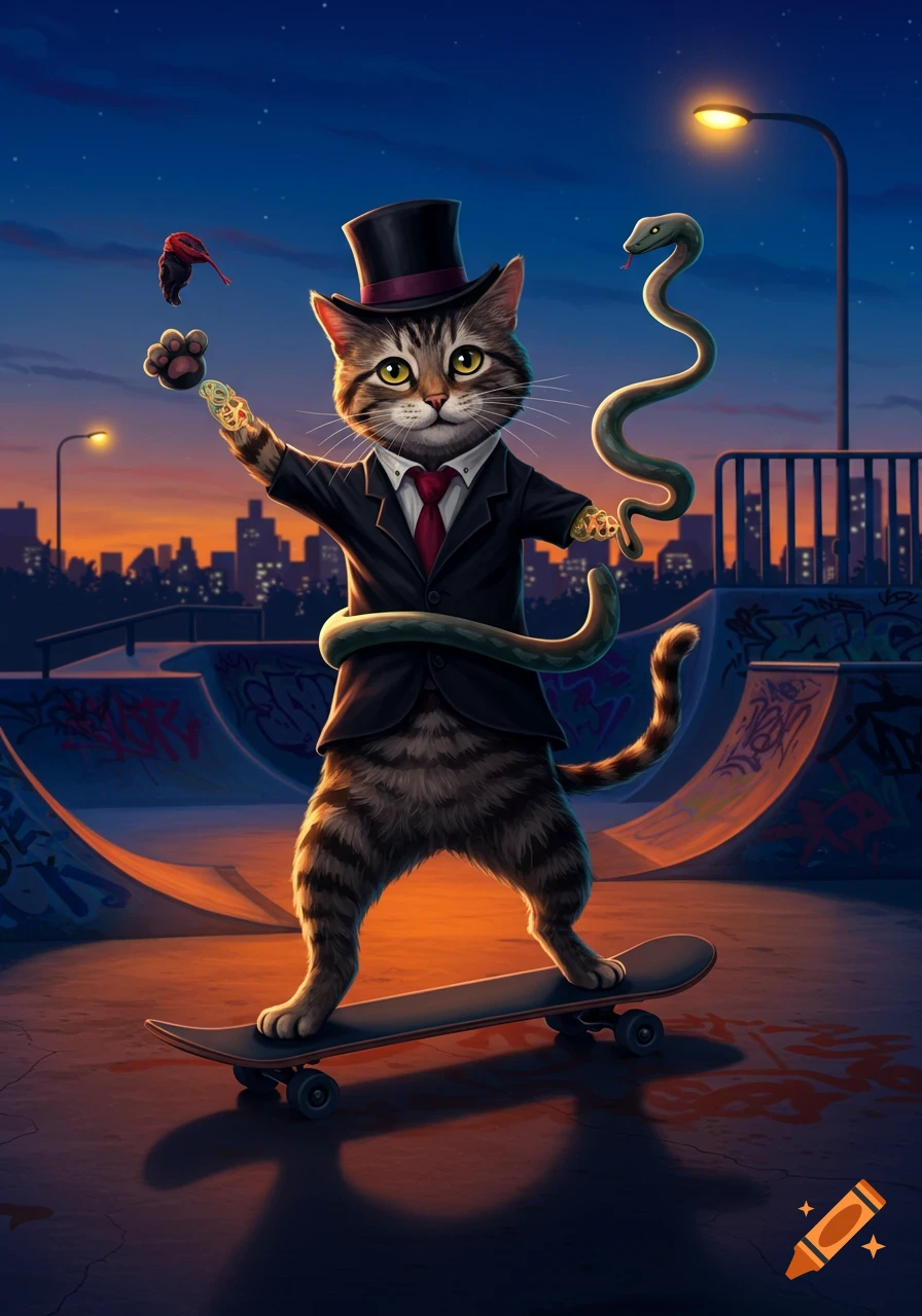 A cool, anthropomorphic cat in a top hat and suit stands on a skateboard in a skatepark at dusk, holding a snake and a paw.