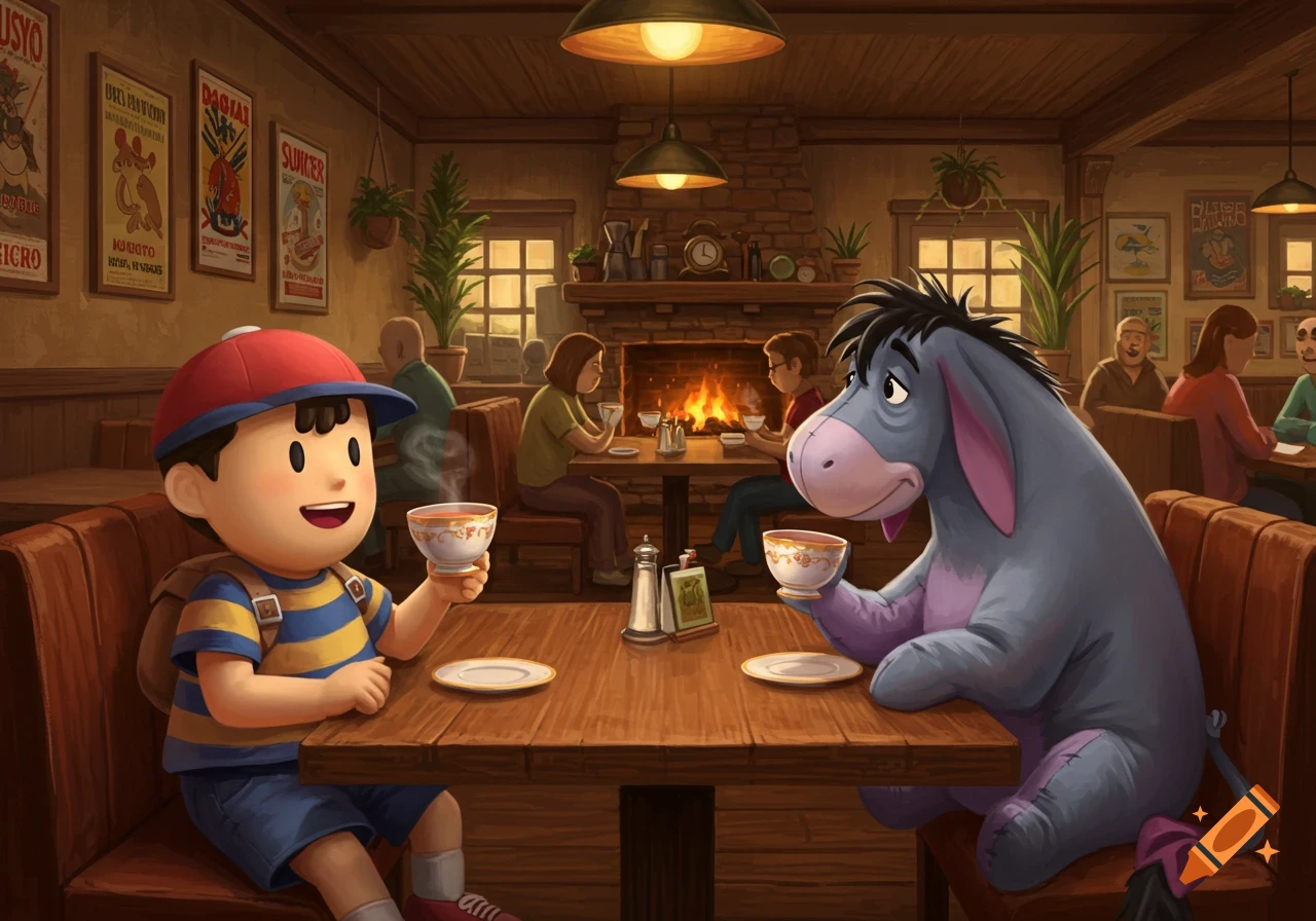Ness and Eeyore drink tea together at a cozy restaurant, illuminated by warm lighting.