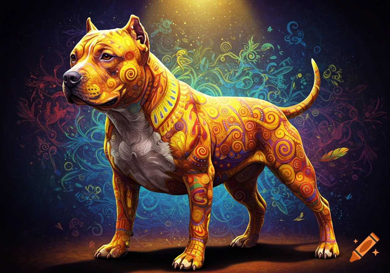 An American Pit Bull Terrier, adorned with vibrant, intricate orange and yellow Mexican alebrije-style patterns, stands against a dark, swirling background.