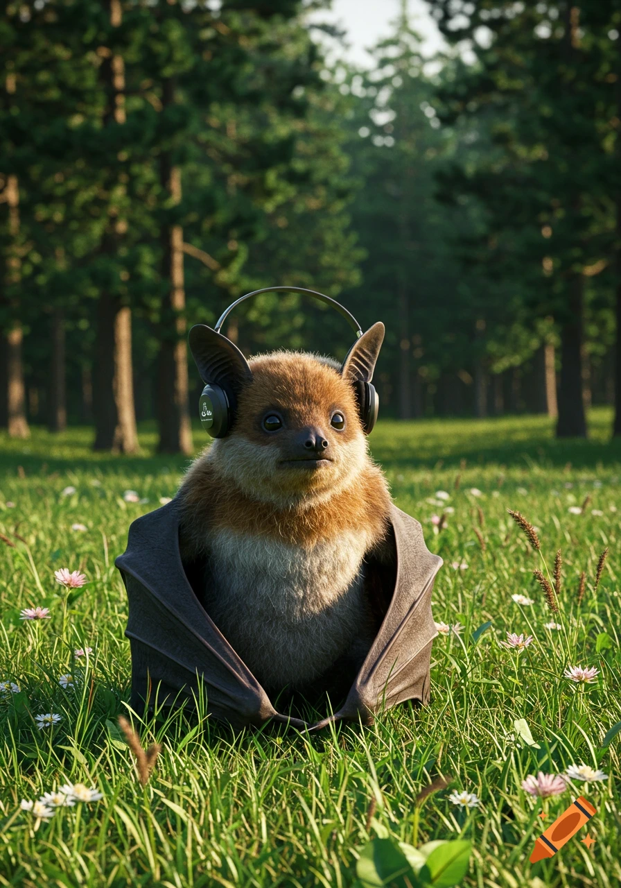 Photorealistic bat wearing headphones, sitting in a sunny grassy field with a forest in the background.