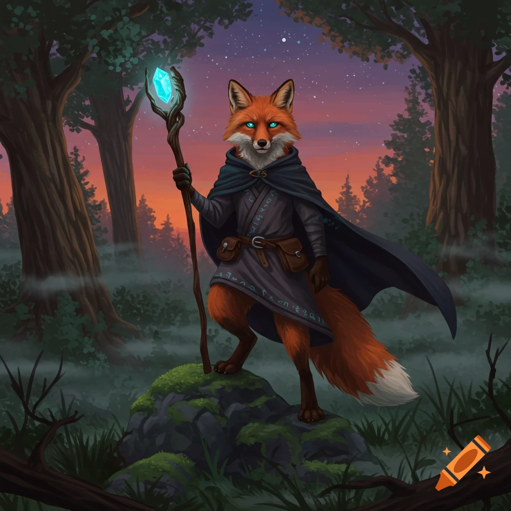 A red fox wizard in a dark robe holds a glowing crystal staff, standing on a mossy rock in a mystical forest at dusk.