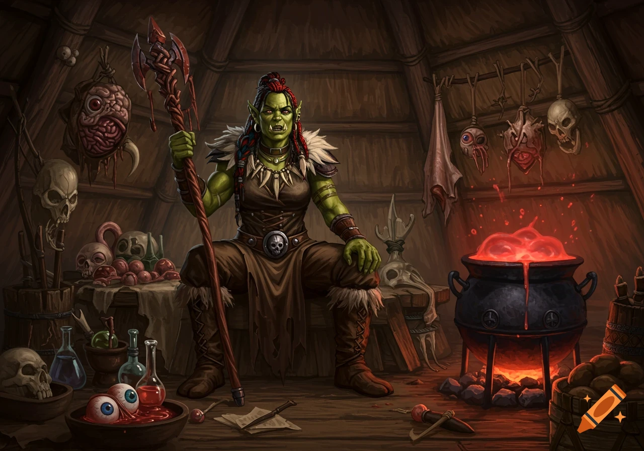 A powerful green-skinned orc shaman with a blood staff sits in her hut amidst skulls, eyeballs, and organs, next to a bubbling cauldron.