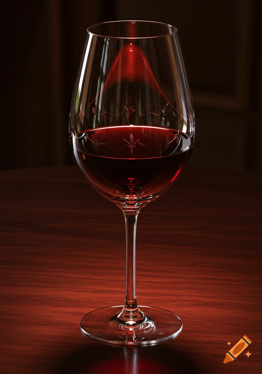 A photorealistic close-up of a full glass of red wine on a dark wooden table with soft lighting.