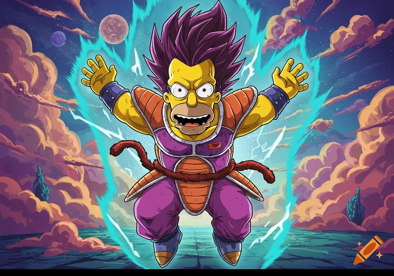 Homer Simpson as a Super Saiyan-like warrior, clad in armor, emitting blue energy in an alien sky.
