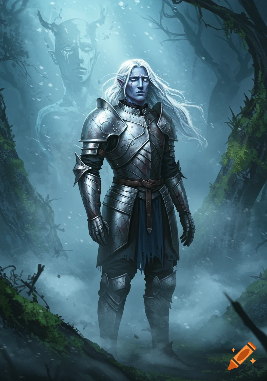 A blue-skinned, white-haired warrior in silver armor stands in a misty forest, a ghostly horned figure looming behind him. Digital art.