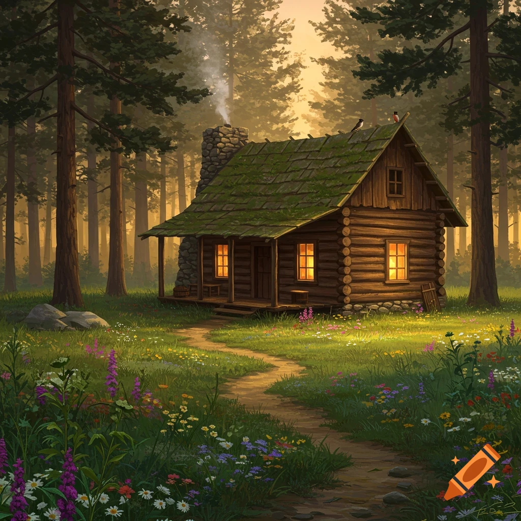 Digital painting of a rustic log cabin with a stone chimney and glowing ...